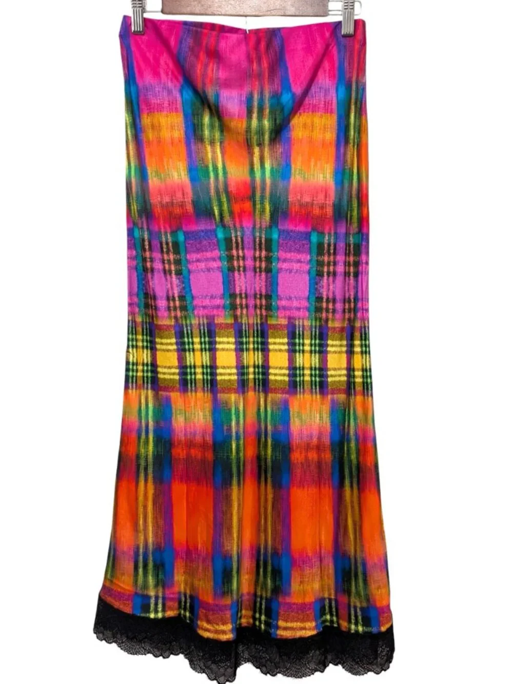 Desigual Womens NWT Size S Neon Tartan Plaid Pull On Lace Hem Trim Slip Skirt - Picture 3 of 10